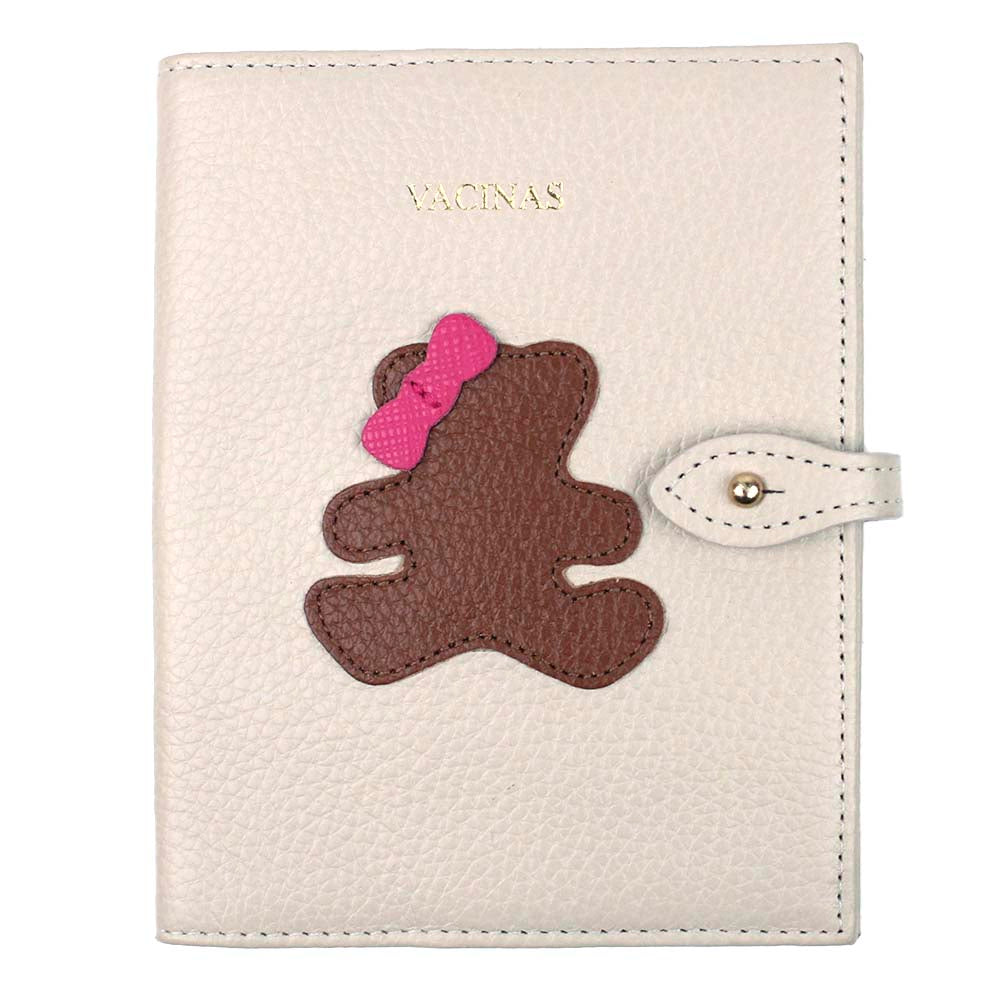 Porta Mini Cartão de Vacina - Modelo Einstein Little Bear Laço Off White Liso com Caramelo Liso e Pink Prada Pronta Entrega